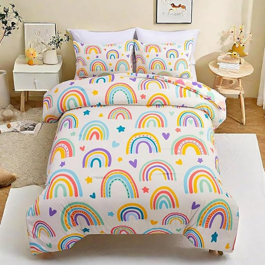 Btargot 3 Piece Kids Rainbow Comforter Set with 2 Pillow Covers, Cartoon Love Hearts Suns and Stars Bedding Set for Girls Boys, Queen Beige