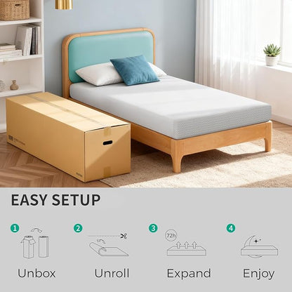 FDW 6 Inch Twin Mattress, Medium Firm Gel Memory Foam, Cooling Ventilated Foam, Pressure Relief, White, Removable Washable Cover, Bed in a Box, CertiPUR‑US Certified