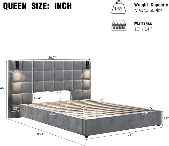 Merax Upholstered Queen Bed, with Reading Lamp and USB Port, Wide Velvet Headboard, (Without Bedside Tables and Mattress), Grey