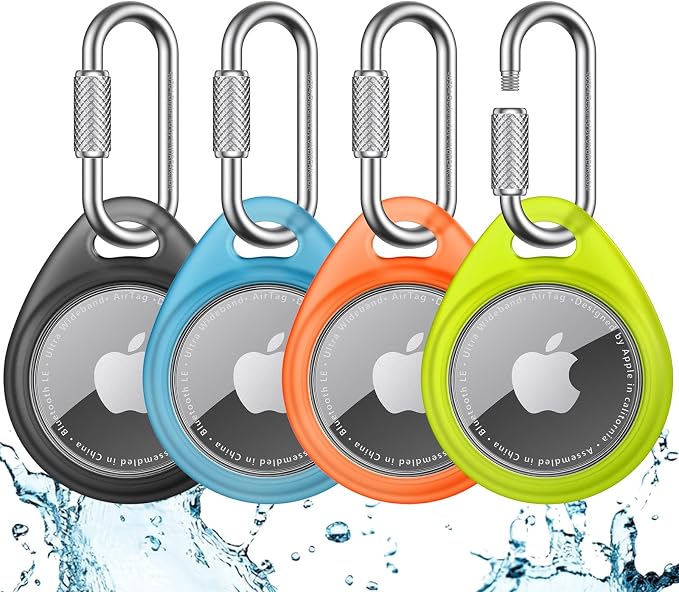 UNBREAKcable for AirTag Holder Case with Professional Carabiner, 4 Pack | Waterproof, Shockproof, Hold Securely, Easy to Install, Protective AirTag Keychain for Keys, Pets, Luggage-4 Trans Colors