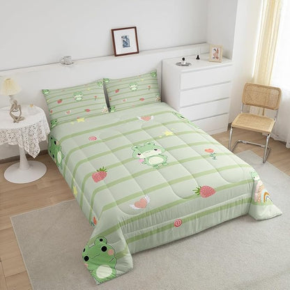 Castle Fairy Cute Frog Comforter King Size,Pink Strawberry Sweet Fruits Comforter Set Bedding Set for Kids Adults,Light Green Frogs Stripes Duvet Set Ultra Soft Room Decor 3Pcs Quilt Set
