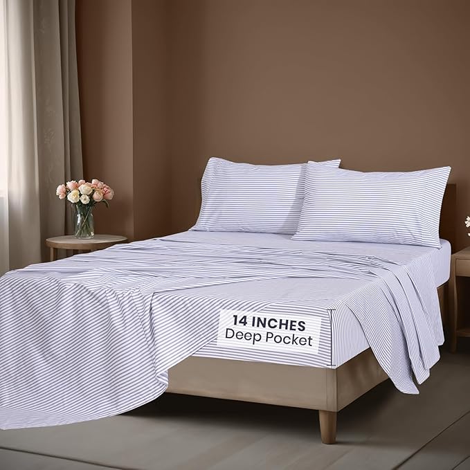 ZOYER 100% Cotton Sheets – California King Percale Bedding, Cooling & Breathable, Durable with a Crisp, Soft & Comfortable Feel, 14" Deep Pocket, 4-Piece Set, Grey Stripe