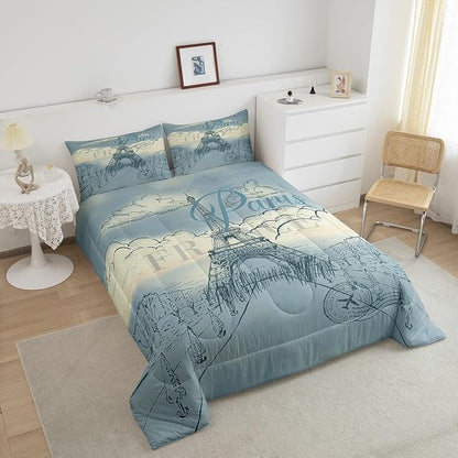 Castle Fairy Eiffel Tower Boys Girls Comforter Set Full Size,Retro Paris Style Duvet Sets Teens Bedroom Decor,Vintage Cityscape Boys Girls Landmark Brushed Microfiber Soft Bedding Comforter