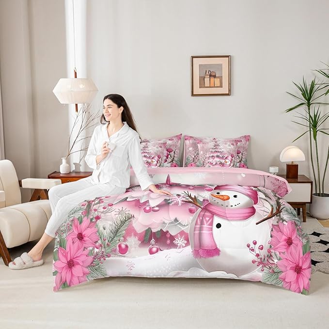 Pink Christmas Tree Comforter Set 7 Pieces,Cute Snowman Winter Bed Set,Xmas Theme Flowers Leaves Bedding Full with 1 Comforter,1 Fitted Sheet,1 Flat Sheet,2 Pillowcases,2 Throw Pillow Cover