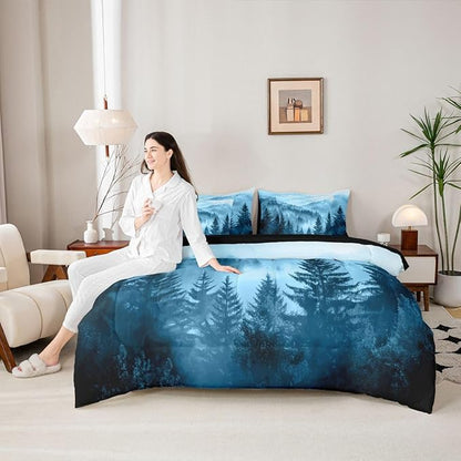 Erosebridal Foggy Mountain King Bedding Set 7 Piece Blue Forest Pine Tree Bed in A Bag with Sheets Nature Misty Woodland Comforter Set for Kids Adults,Flying Bird Bed Sets