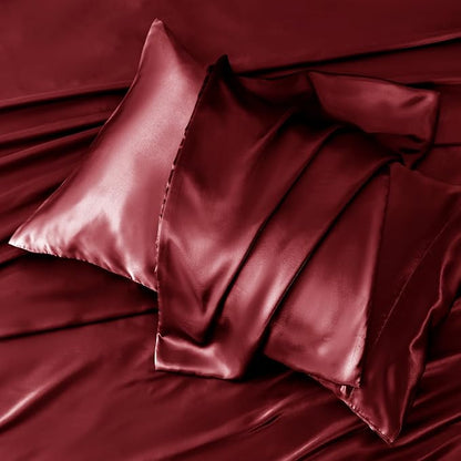 CozyLux Satin Sheets King Size Sheet Set - 6 Piece Silky King Sheets, Luxury Burgundy King Bed Set with Smooth and Soft Microfiber, Includes 1 Fitted Sheet, 1 Flat Sheet and 4 Pillowcases