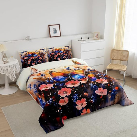 Feelyou Butterfly Comforter Set Full Size Butterflies Print Comforter for Boys Girls Teens Animal Bedding Set Butterfly Floral Duvet Set Room Decor Blue Purple Quilt Set