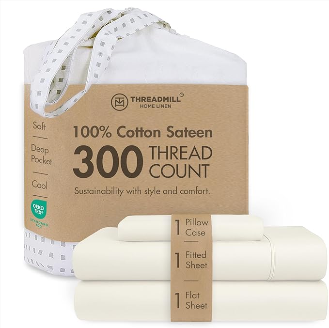Threadmill Cotton Twin XL Sheet Set | 100% Cotton Sheets for Twin XL Size Bed | Solid Sateen Twin XL Bed Sheets Set with 16” Deep Pocket | Soft Breathable 3-Piece Cooling Sheet Set | Ivory