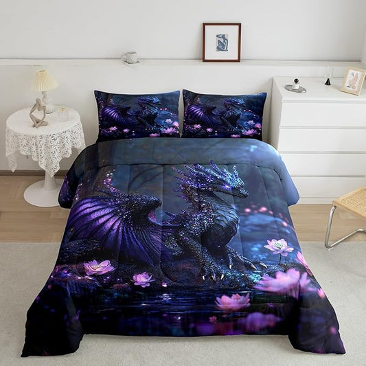 Feelyou Dragon Comforter Set Queen Size Dragon Stuff Comforter for Boys Girls Teens Wild Life Bedding Set Flower Duvet Set Room Decor Black Purple Quilt Set