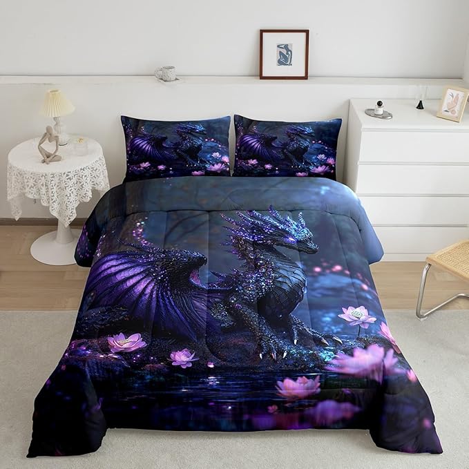 Feelyou Dragon Comforter Set King Size Dragon Stuff Comforter for Boys Girls Teens Wild Life Bedding Set Flower Duvet Set Room Decor Black Purple Quilt Set
