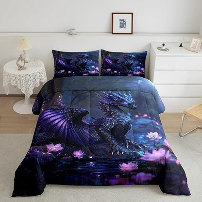 Feelyou Dragon Comforter Set King Size Dragon Stuff Comforter for Boys Girls Teens Wild Life Bedding Set Flower Duvet Set Room Decor Black Purple Quilt Set