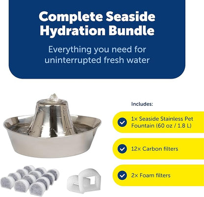 Seaside Stainless Pet Fountain with Extra 12-Pack of Carbon Filters and | 60 Oz Capacity, 360-Degree Flow, Triple-Filter with 2.5x More Activated Carbon, Scratch/Rust-Resistant Stainless Steel