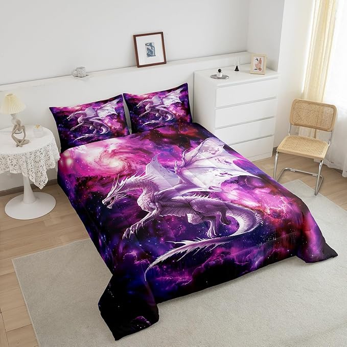 Flying Dragon Comforter Set Queen Size,Galaxy Outer Space Bedding Set for Kids Boys Teens Adults Room Decor,Starry Sky Western Magical Animal Duvet Insert 3Pcs,Nebula Glitter Quilt Set,2 Pillowcases
