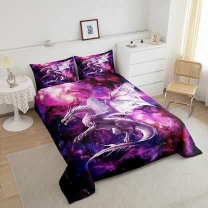 Flying Dragon Comforter Set King Size,Galaxy Outer Space Bedding Set for Kids Boys Teens Adults Room Decor,Starry Sky Western Magical Animal Duvet Insert 3Pcs,Nebula Glitter Quilt Set,2 Pillowcases
