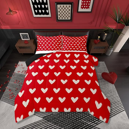 Red White Comforter Set King Size Cute Heart Pattern Bedding For Kids Boys Girls Valentine Day Gift Quilt Cartoon Love Geometric Duvet Insert Love Heart Soft Warm Bedding Sets Bedroom Decor 3Pcs