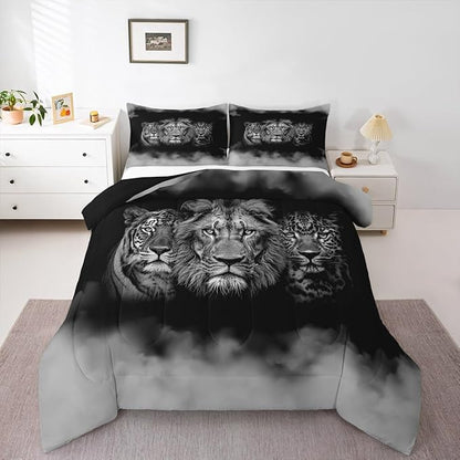 Wild Animals Comforter Set Queen Size Tiger Lion Leopard 3D Bedding Set 3pcs for Kids Boys Men Home Room Decor,Black White Smog Quilt Set Modern Microfiber Duvet Insert with 2 Pillowcases