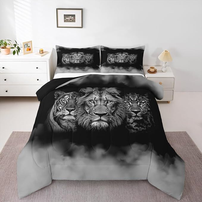 Wild Animals Comforter Set Full Size Tiger Lion Leopard 3D Bedding Set 3pcs for Kids Boys Men Home Room Decor,Black White Smog Down Comforter Modern Microfiber Quilted Duvet with 2 Pillowcases