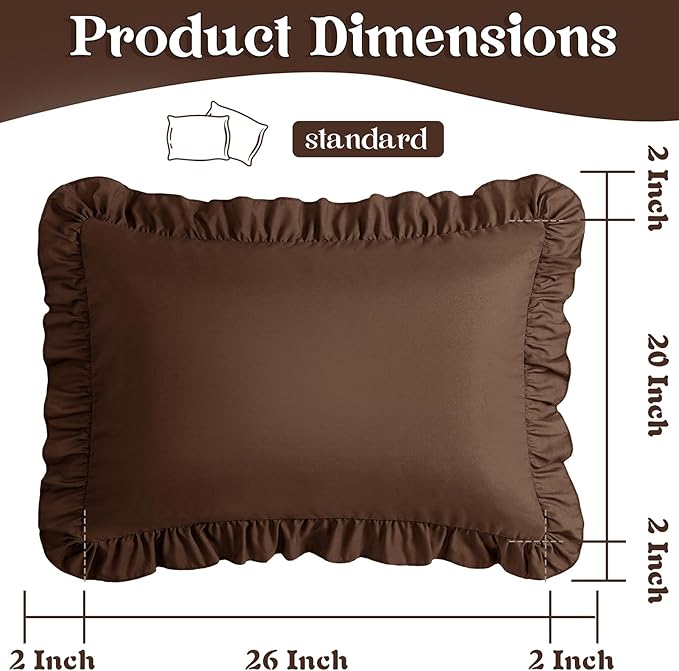 KKJIAF Ruffle Pillow Cases Standard Size Set of 2, Ruffled Pillow Covers with Envelope Closure, Wrinkle Resistant Ruffled Pillow Shams 20" x 26", Brown