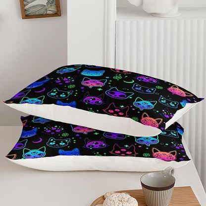 Axolotl Cat Comforter Set King,Kawaii Gradient Cat Bedding with 1 Comforter 2 Pillowcases,Colorful Neon Cats Animal Bed Set,Moon Stars Bedding for Kids Boys Girls Teens Adults Room Decor All Season,