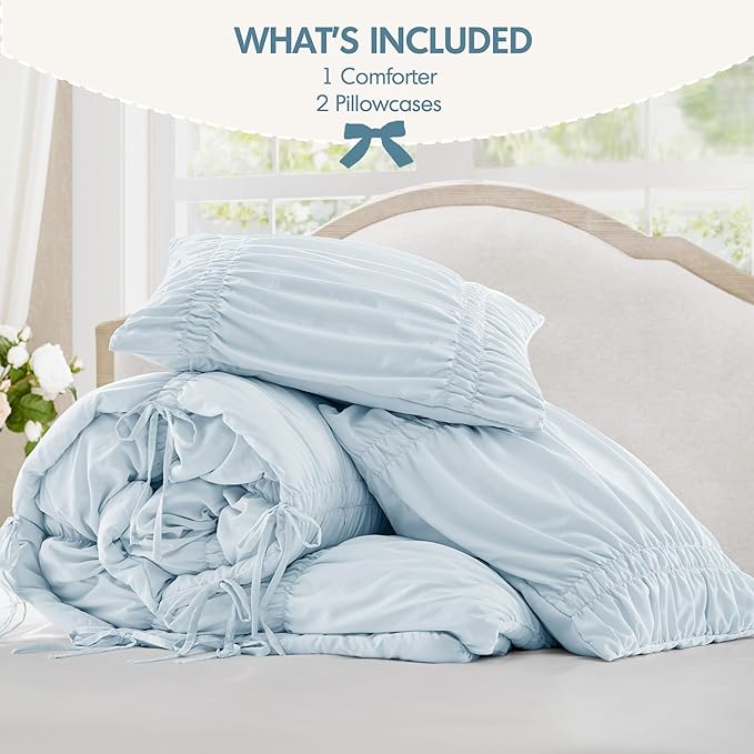 Intelligent Design Ruched Shabby Chic Comforters for Queen Size Bed, All Season Lightweight Comforter Queen, French Country Bedding Set, Sham, Ella, Full/Queen, Blue, 3 Piece