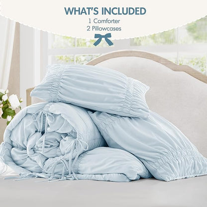 Intelligent Design Ruched Shabby Chic Comforters for Queen Size Bed, All Season Lightweight Comforter Queen, French Country Bedding Set, Sham, Ella, Full/Queen, Blue, 3 Piece