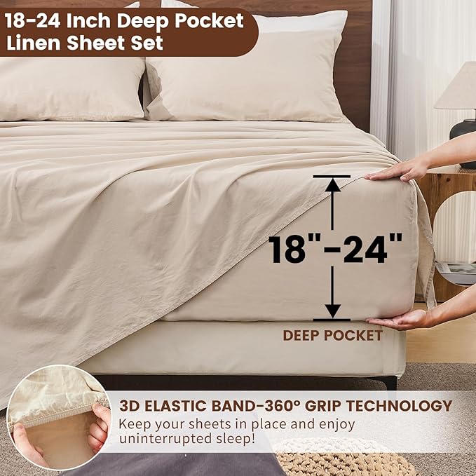 Bedlifes 100% French Flax Linen Sheets Set Queen Size - 6 Piece Extra Deep Pocket 18-24",Soft Breathable Queen Bed Sheets with Temperature Regulating & Moisture-Wicking(Linen