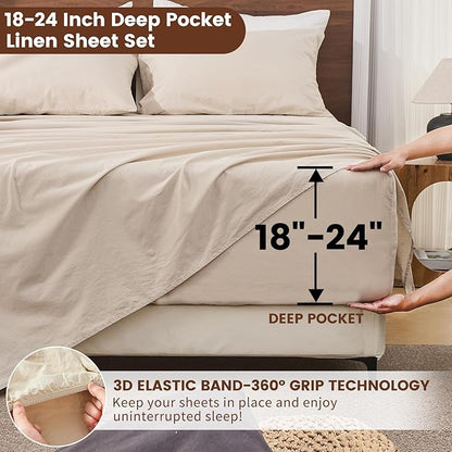 Bedlifes 100% French Flax Linen Sheets Set California King Size-6 Piece Extra Deep Pocket 18-24",Soft Breathable Cal King Bed Sheets with Temperature Regulating & Moisture-Wicking(Linen