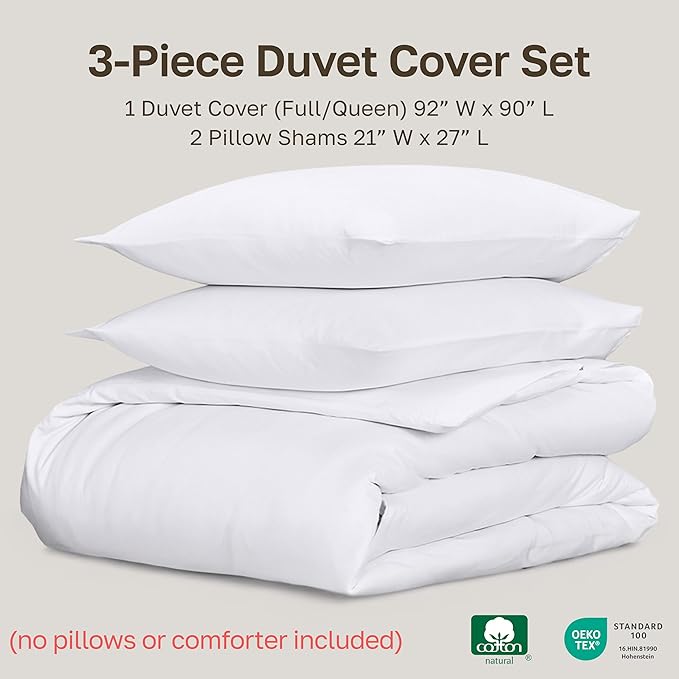 California Design Den 3 Pc Full/Queen Duvet Cover Set - Winner Good Housekeeping Best Bedding Awards 2025, 400 Thread Count Sateen, 100% Cotton Duvet Cover Queen Size,Button Closure,Corner Ties -White