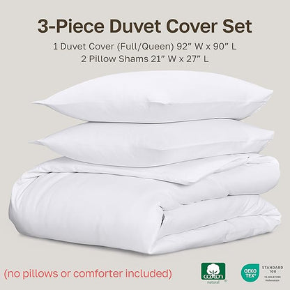 California Design Den 3 Pc Full/Queen Duvet Cover Set - Winner Good Housekeeping Best Bedding Awards 2025, 400 Thread Count Sateen, 100% Cotton Duvet Cover Queen Size,Button Closure,Corner Ties -White