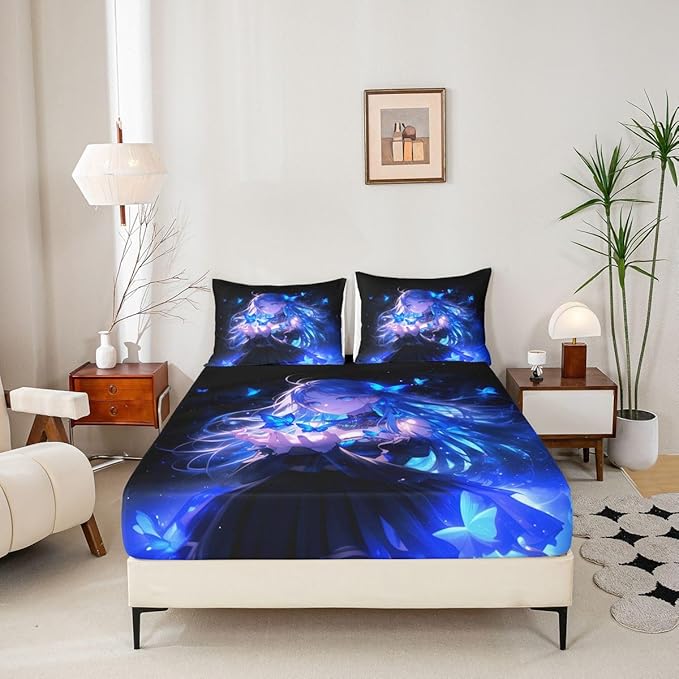 Erosebridal 3D Japanese Girl Fitted Sheet for Boys Girls Kids Blue Butterfly Decorations Queen Bed Sheets,Cartoon Sheets Anime Gifts for Her Bedding Sets, No Top Sheet