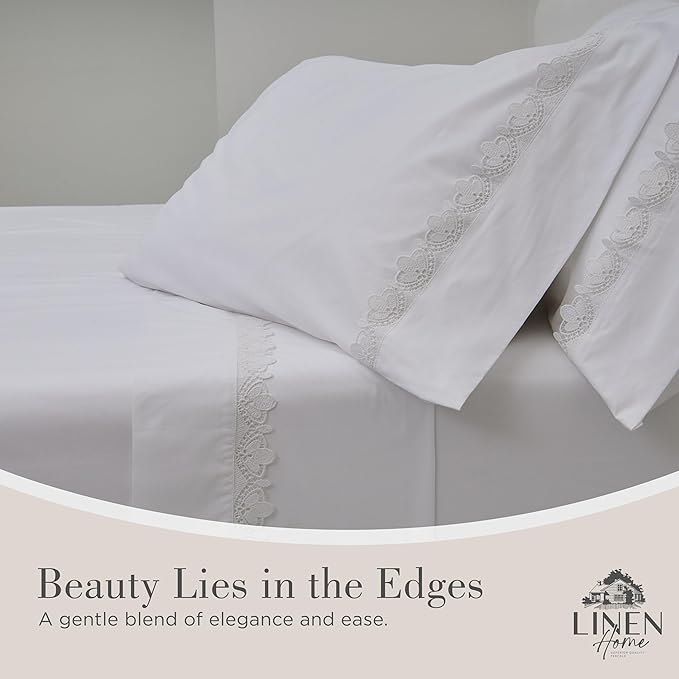 Linen Home 100% Cotton Percale Fluer Lace Pillowcases Queen/Standard Size, White, 2 Pieces of Pillow Case, Crisp and Cool Strong Bed Linen, 20 inches X 30 inches