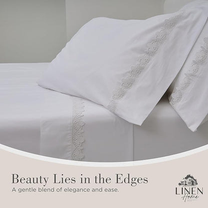 Linen Home 100% Cotton Percale Fluer Lace Pillowcases King Size, White, 2 Pieces of Pillow Case, Crisp and Cool Strong Bed Linen, 20 inches X 40 inches