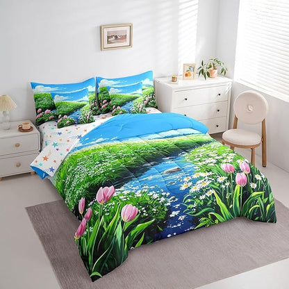 jejeloiu Cute Anime Floral Bedding Set 7Pcs Twin Size Kids Tulip Floral Comforter Set with Sheets for Boys Girls Flower River Bed in a Bag Soft Lightweight,Microfiber