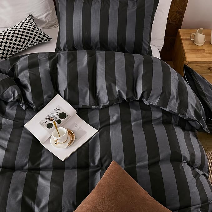 Merryword Black and Gray Striped Duvet Cover Set Queen Size - 100% Cotton Bedding Set with Zipper & Corner Ties, 3-Piece Luxury Linen Like Bedding Set for All Seasons