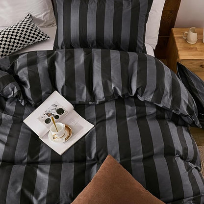 Merryword Black and Gray Striped Duvet Cover Set Queen Size - 100% Cotton Bedding Set with Zipper & Corner Ties, 3-Piece Luxury Linen Like Bedding Set for All Seasons