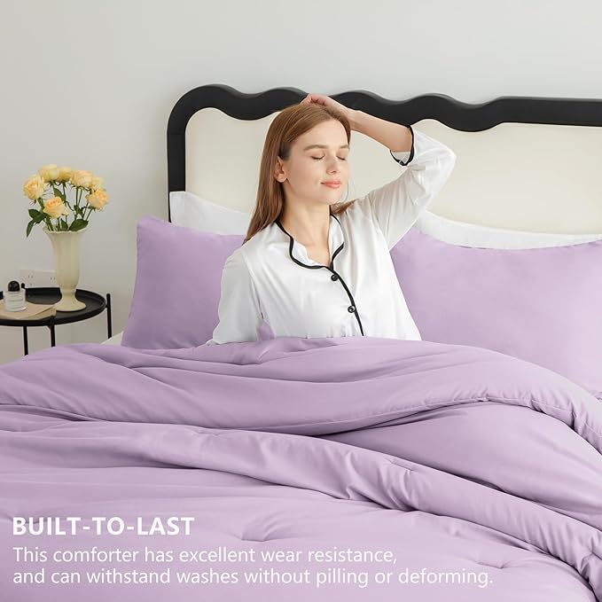 CozyLux Lavender Queen Comforter Set, 3 Pieces Light Purple Solid Breathable Quilted Boho Bedding Sets, Luxury Fluffy Soft Bed Set with Down Alternative Comforter and 2 Pillowcases for All Season