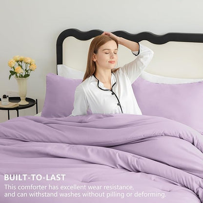 CozyLux Lavender King Size Comforter Set, 3 Pieces Light Purple Solid Breathable Quilted Bedding Sets, Luxury Fluffy Soft Bed Set with Down Alternative Comforter and 2 Pillowcases for All Season