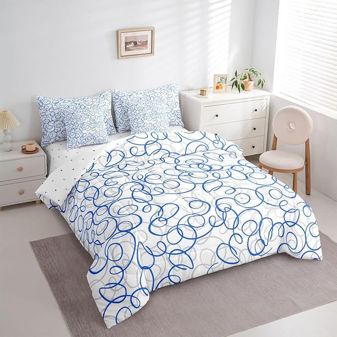 Erosebridal Blue White Geometric 7 Piece Comforter Set Queen Abstract Line Modern Art Bedding Set for Kids Teens Boys Chic Swirls Bed in A Bag Texture Artwork Sheet Set Bedroom Decor