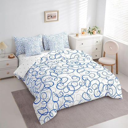 Erosebridal Blue White Geometric 7 Piece Comforter Set Queen Abstract Line Modern Art Bedding Set for Kids Teens Boys Chic Swirls Bed in A Bag Texture Artwork Sheet Set Bedroom Decor