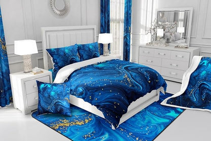 Blue Marble Comforter Set Twin, Ombre Blue Fluid Bedding Set Trippy Liquid Down Comforter Gypsy Golden Sequins Printed Duvet Set Tie Dye Gradient Soft Bedding Comforter Sets with 2 Pillowcases