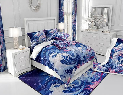 Dragon Comforter Set Queen Size,Japanese Style Pink Cherry Blossom Bedding Set 3Pcs,Kids Girls Boys Teens Bedroom Decor,Blue Sea Waves Quilt Set Magical Wild Animals Duvet Insert,2 Pillowcases