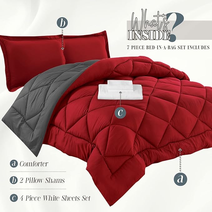 Elegant Comfort 7-Piece Bed-in-a-Bag Comforter & Sheet Set - Luxury 1500 Thread Count Split King Size, Cozy Sheets and Comforter, Wrinkle and Stain Resistant, Red/Gray