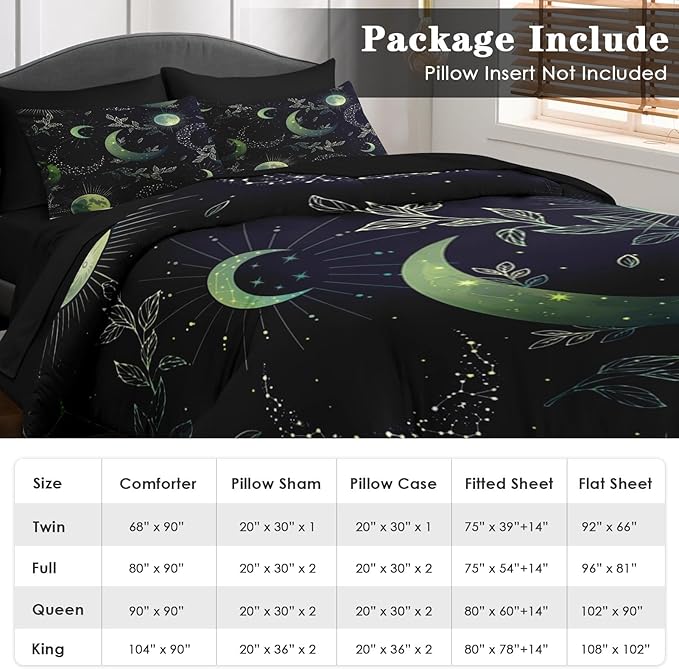 Comforter Set Queen Size, Green Boho Space 7 Pcs Bedding for Kids and Adults, Herbs Witch Floral Bed Sheet Sets with Fitted Sheet 2 Pillowcases & 2 Shams for Bedroom Bed Decor