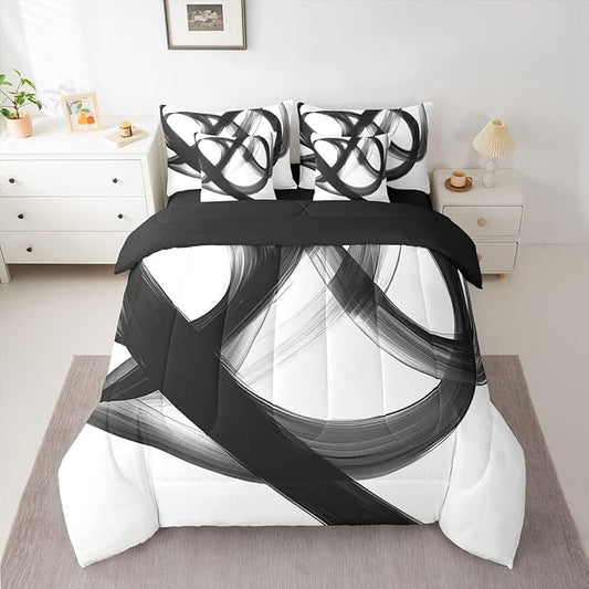 Erosebridal Abstract Modern Black White 7 Piece Comforter Set Twin Bed in A Bag Neutral Minimalist Lines Bedding Set for Boys Men Geometric Sheet Set Contemporary Art Simple Quilt Room Decor
