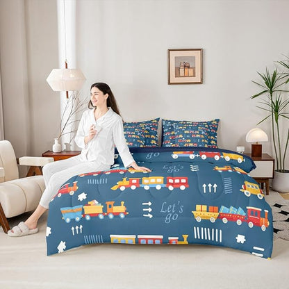 7 Pieces Cartoon Train Boys Full Comforter Set Hand Drawn Style Graffiti Decor Hippie Bedding Sets Red Yellow Cute Trains All Season Comforter,Flat Sheet,Fitted Sheet,2 Pillowcases,2 Pillow Covers