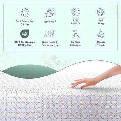 Feather & Stitch Softest 100% Cotton Sheets, 300 Thread Count Percale Weave Bedding, 16" Deep Pocket, Cooling Sheets, Breathable Bed Set, Hotel Premium Quality (Queen, Yellow Diamond)