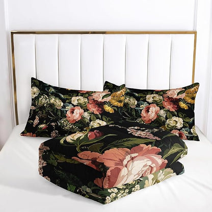 Black Floral Comforter Set Twin Colorful Floral Bedding Sets 3PCS for Kids Teen Adult Flowers Leaves Room Decor Ultra-Soft Lightweight Microfiber 1 Comforter with 2 Pillowcases