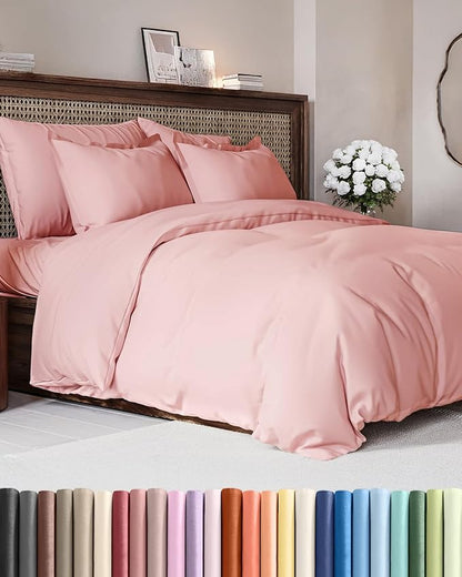Duvet Cover Queen Size Set - Extra Soft Queen Duvet Cover 90" x 90" with 2 Pillow Shams - Hotel Luxury, Easy Care & Fade Free w/ Zipper Closures & Ties - All Season, Comfy and Breathable (Baby Pink)