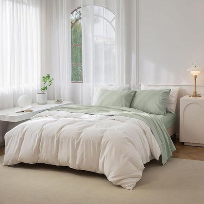 JIYUAN California King Size Sheet Set, 4-Piece - 100% Washed Cotton, Linen-Like Soft & Breathable, Includes Deep Pocket Fitted & Flat Sheet with 2 Pillowcases, Hotel Quality, Heathered Sage Green