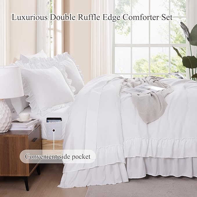 Queen Comforter Set White, Ruffle Shabby Chic Bedding Set Farmhouse 7 Pieces, All Season Fluffy Bed in a Bag with Sheets, Pillowcases & Shams